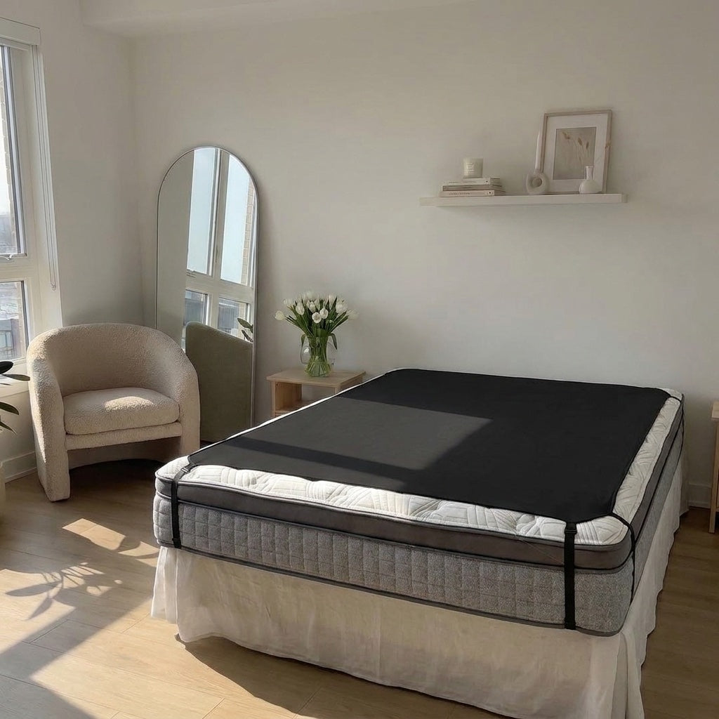 Verloree grounding mattress cover strapped over a mattress in a bright bedroom
