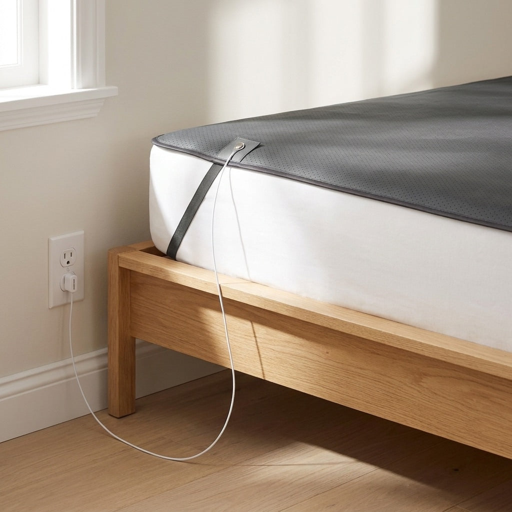 Verloree grounding mattress cover on a bed, cord running to the wall outlet ground port