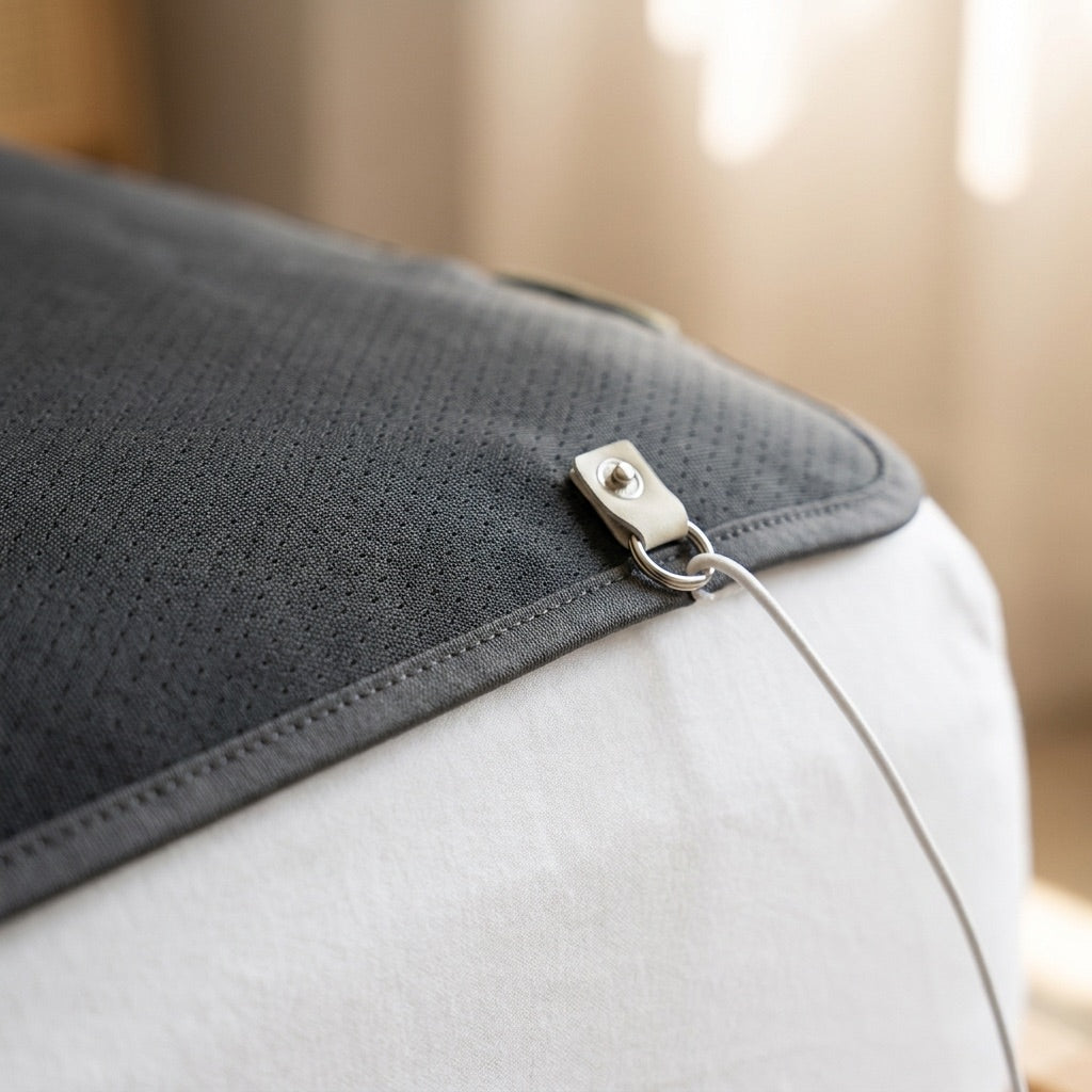 Close-up of the carbon-woven surface with the corner snap tab and white cord