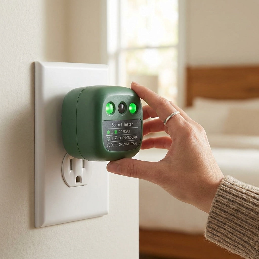 Included socket tester showing a green light in a wall outlet