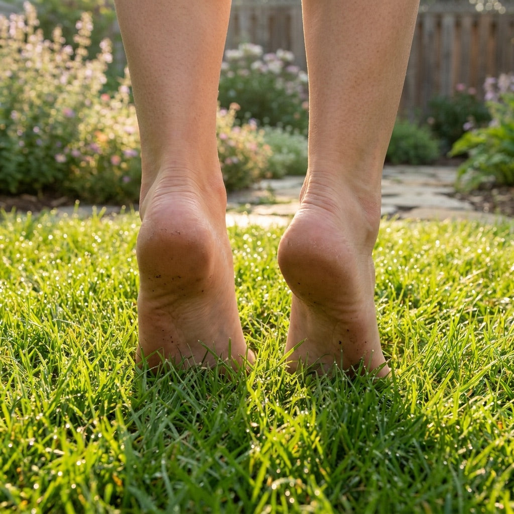 Bare feet on morning grass